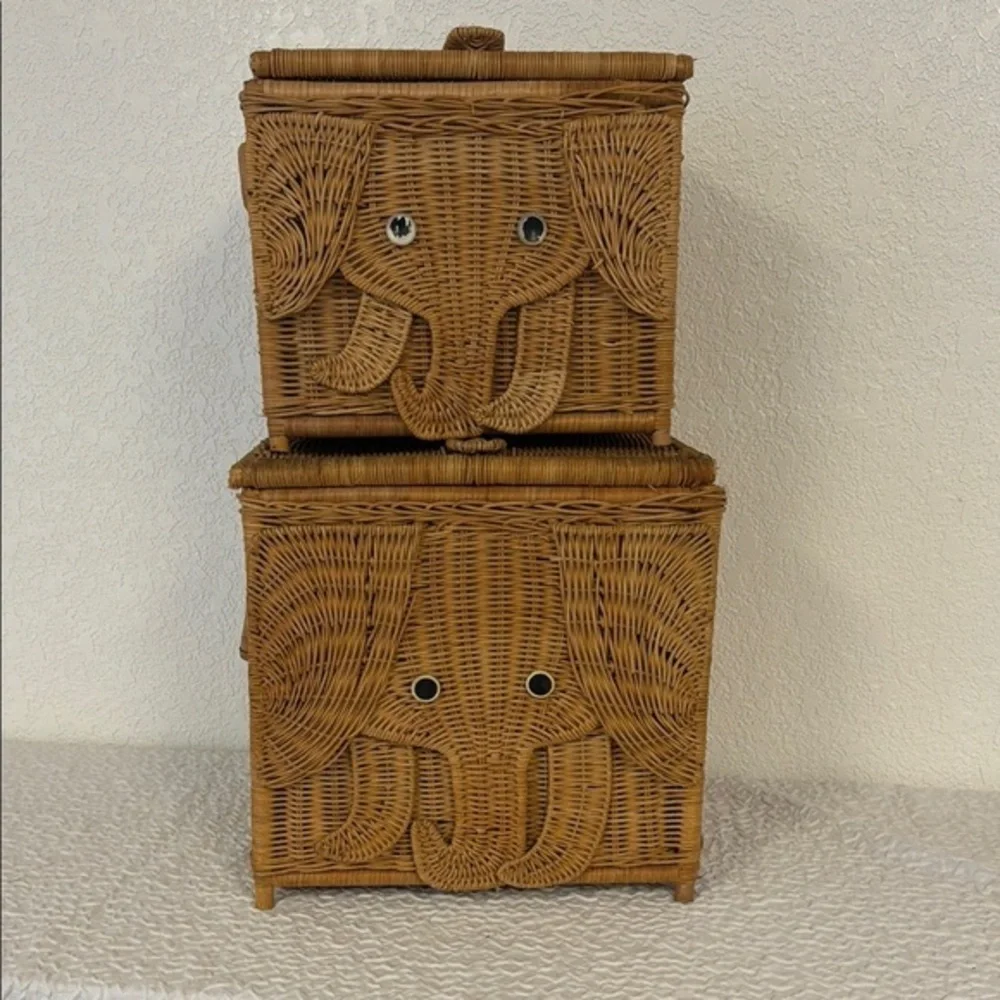 Two Adorable Vintage Elephant Design Wicker Storage Trunks/Baskets - Brown